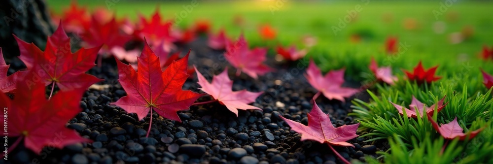 A bed of black mulch with a scattering of red maple leaves and green grass, red maple leaves, black mulch, fall landscape A bed of black mulch with a scattering of red maple leaves and green grass, red maple leaves, black mulch, fall landscape