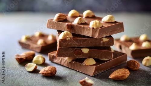 Close up Milk chocolate squares with nuts. World Chocolate Day, National Milk Chocolate Day, national dark chocolate day