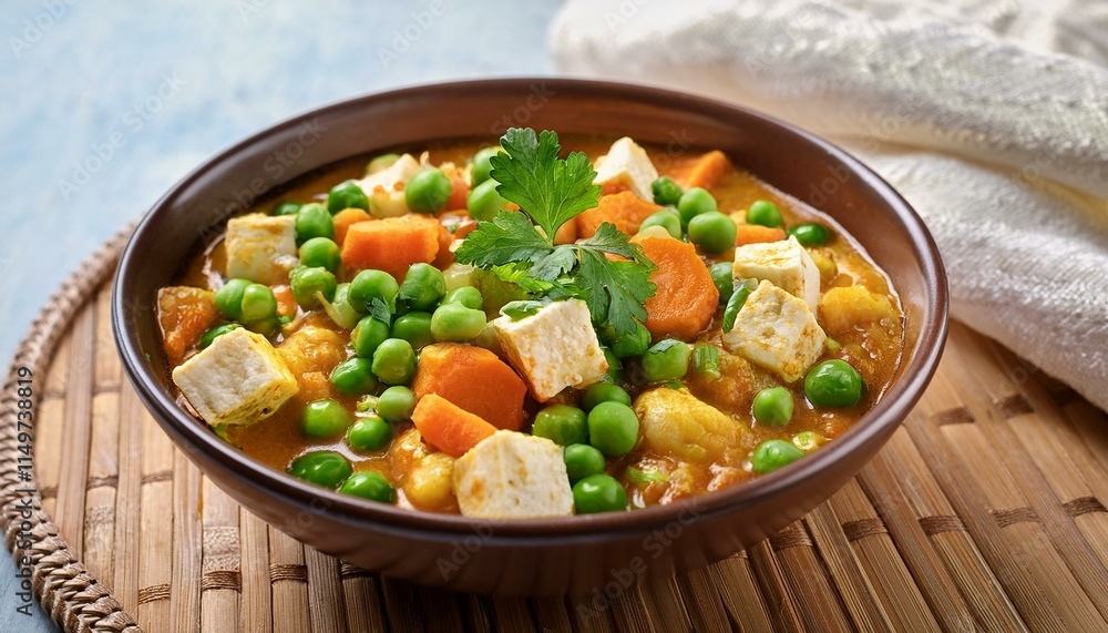 Generated image Fresh mixed vegetable curry with vibrant peas, carrots, cauliflower, and paneer, garnished Generated image Fresh mixed vegetable curry with vibrant peas, carrots, cauliflower, and paneer, garnished