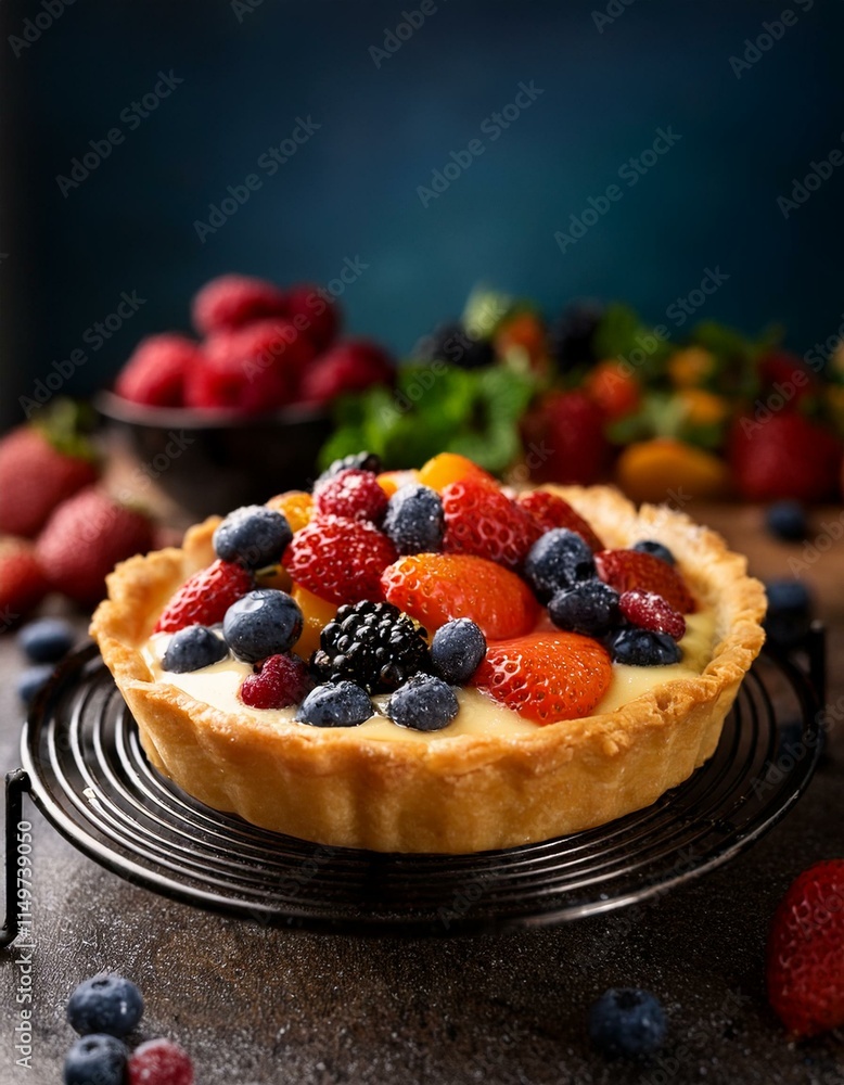 Generated image freshly baked fruit tart with flaky crust, creamy filling, and sweet topping close up food Generated image freshly baked fruit tart with flaky crust, creamy filling, and sweet topping close up food