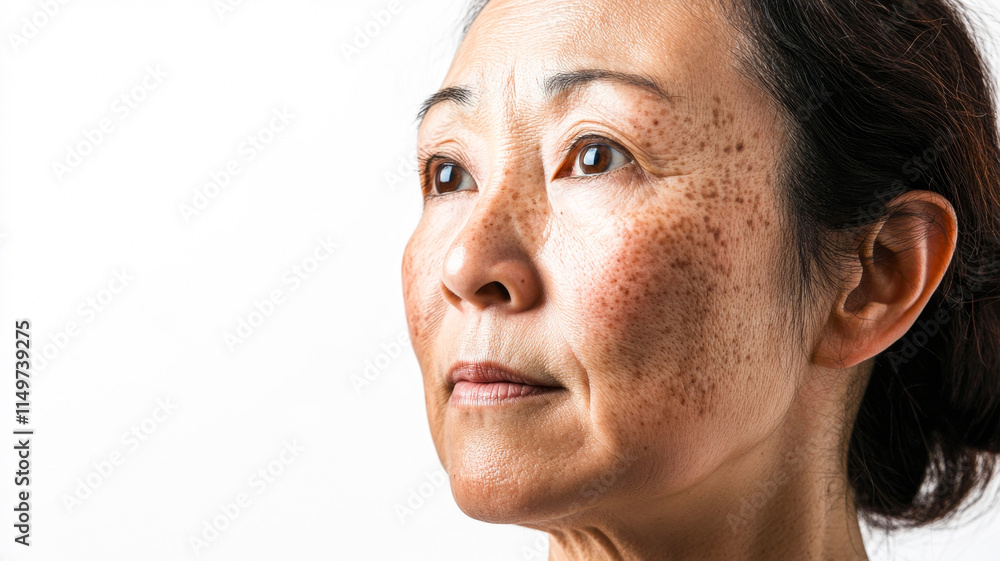 Obraz premium Side shot Middle aged Asian woman's face with natural freckles isolated on white background