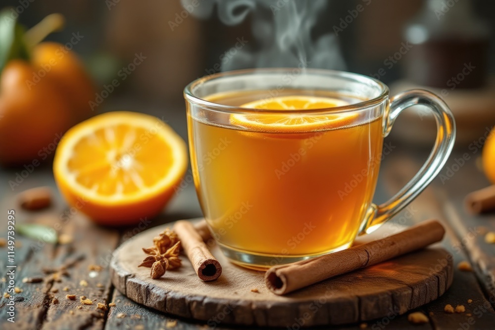 Hot cider with citrus twist in a rustic kitchen, warm and inviting, steaming glass with orange slices and spices on a wooden table Hot cider with citrus twist in a rustic kitchen, warm and inviting, steaming glass with orange slices and spices on a wooden table
