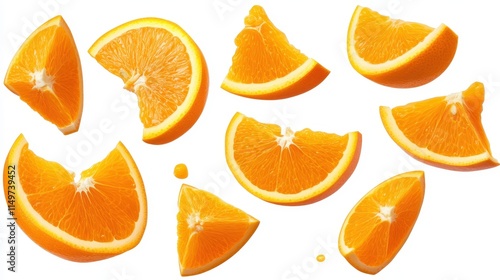 Juicy Orange Slices Falling on White Background.