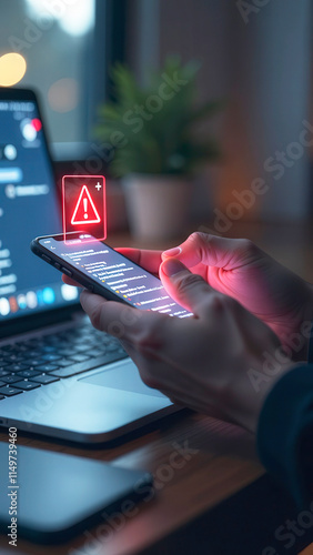 Warning about the use of virtual screen technology on smartphones, cyberattacks on networks or malicious software. Cyber Security and Crime, Compromised Internet Data, Privacy, Data Breach, Hacker.