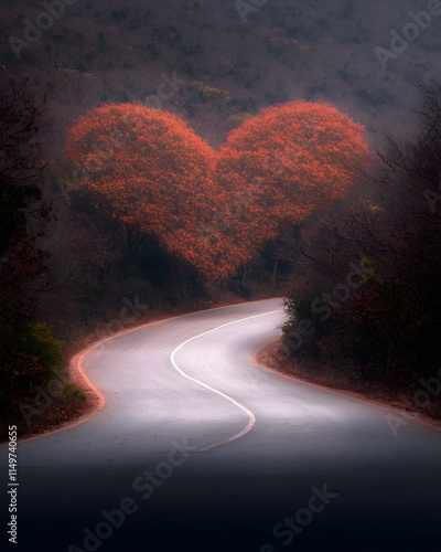 Heart-shaped tree canopy over a winding road in autumn photo