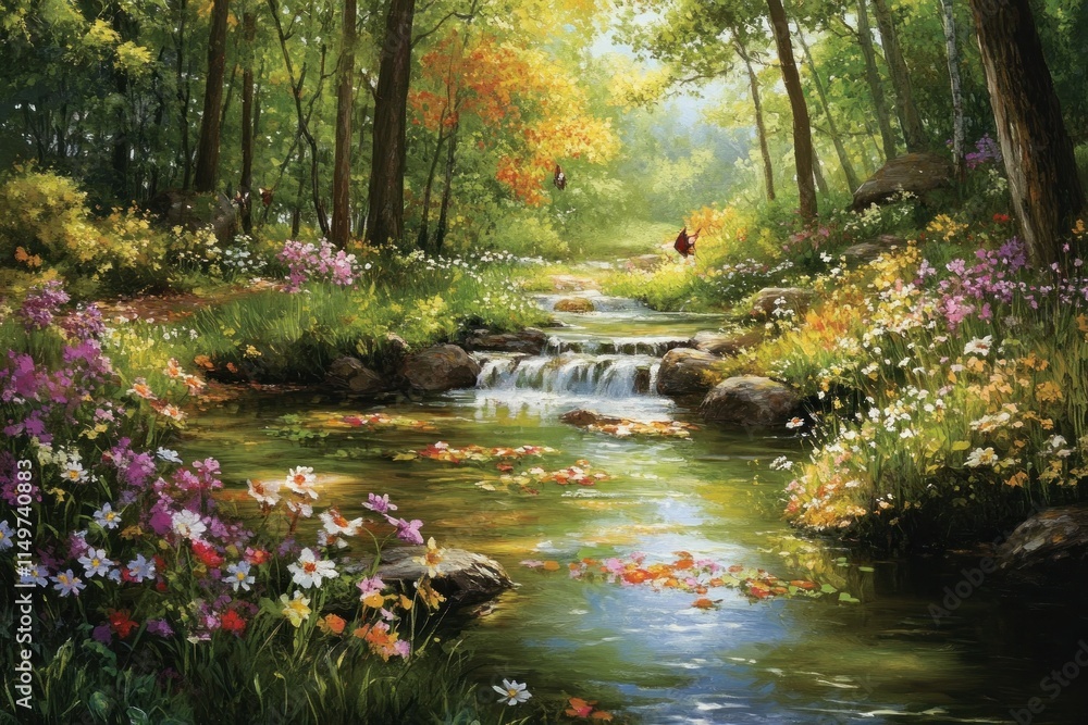 Obraz premium Serene Landscape with Lush Green Forest, Colorful Wildflowers, Sparkling Stream, and Peaceful Waterfall Surrounded by Vibrant Nature in a Sunny Day
