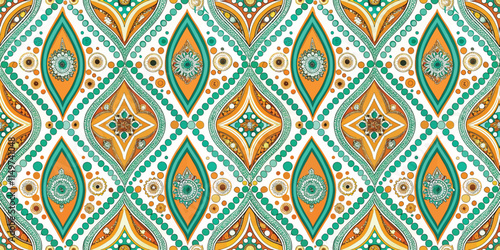 Colorful geometric pattern featuring vibrant teal, orange, and cream elements.
