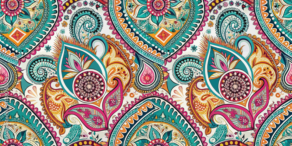 Colorful paisley pattern with intricate designs and vibrant hues.