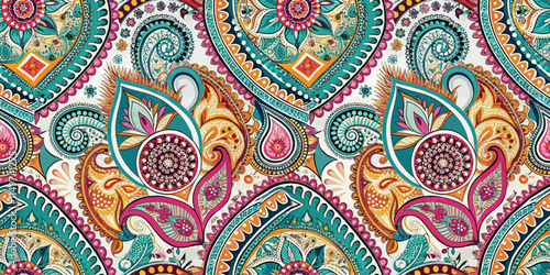 Colorful paisley pattern with intricate designs and vibrant hues.