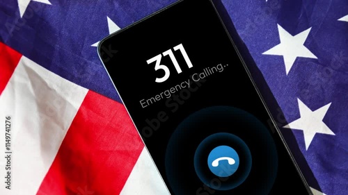 Three Eleven Calling on a smartphone, first responders call concept 4k animation with American flag in the backdrop photo