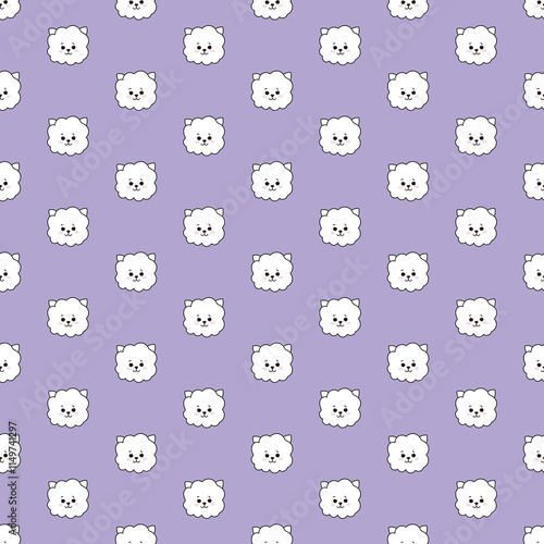 BT21 RJ Face Pattern Seamless Purple Background. BT21 알제이 얼굴 패턴 이음새없는 보라색 배경지.