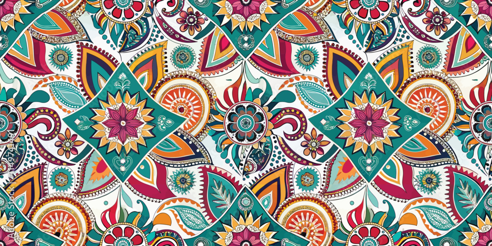 Vibrant floral pattern with intricate designs in turquoise, orange, and pink hues. Vibrant floral pattern with intricate designs in turquoise, orange, and pink hues.