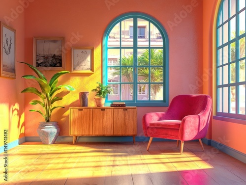 Sunny room with armchair, plants, and window.