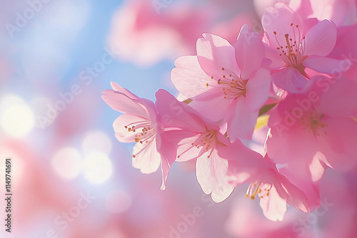 Wallpaper Mural Elegant pink cherry blossoms are illuminated by soft sunlight against a dreamy blue and pink background. Perfect for spring, nature, and floral themes Torontodigital.ca
