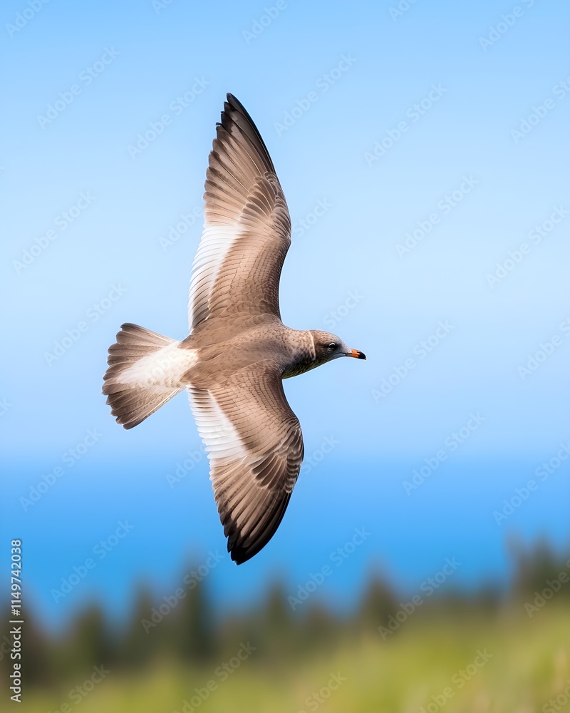 Seabird soaring over a coastal landscape Seabird soaring over a coastal landscape
