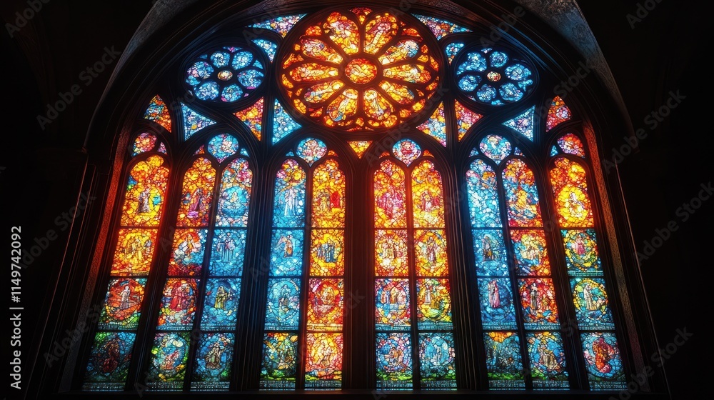 Large, colorful, arched stained-glass church window. Large, colorful, arched stained-glass church window.