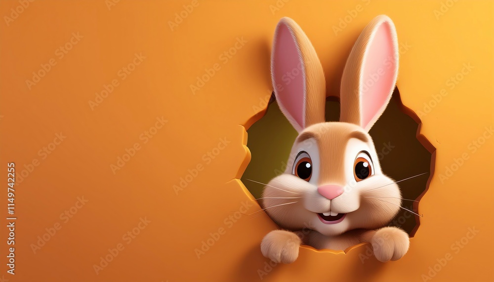 3d Cartoon sweet Easter bunny poster peeking out of a hole in the orange clean wall