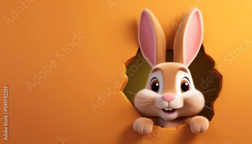 Obraz na płótnie 3d Cartoon sweet Easter bunny poster peeking out of a hole in the orange clean wall w salonie