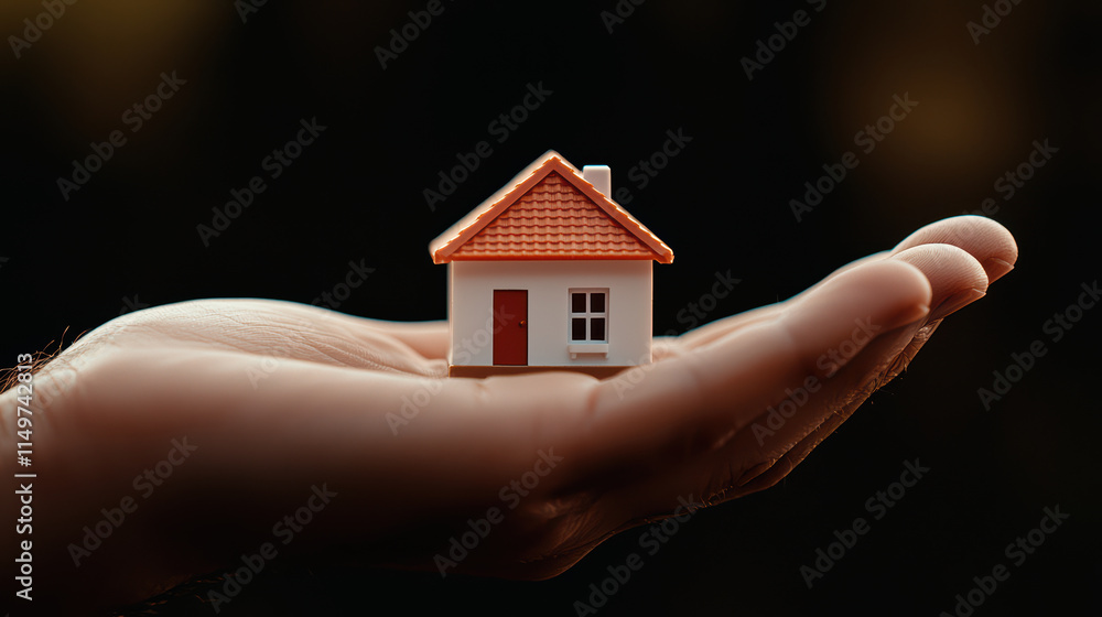 Naklejka premium small house model resting on hand symbolizes home and security