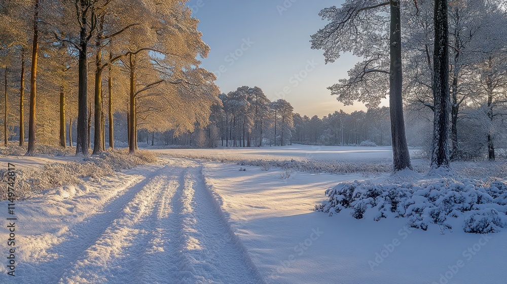 Obraz premium Snowy path through sunlit winter forest.