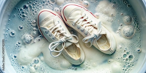 Aerial View of Dirty Sneakers Soaking in Soapy Wash Basin - Shoe Cleaning photo