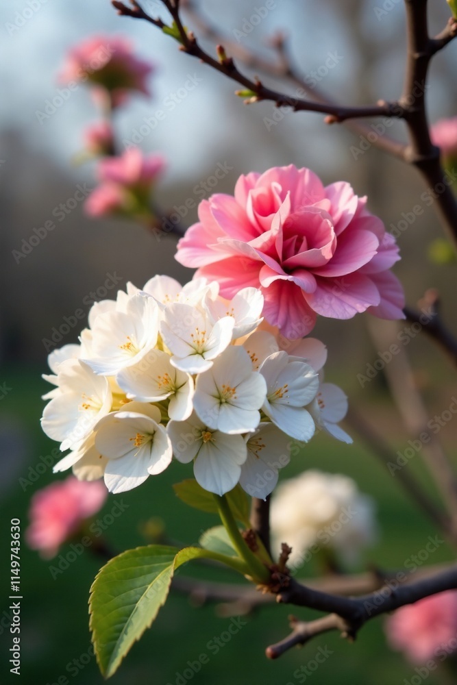 Fototapeta premium A delicate arrangement of pink carnations and white hydrangeas on a bare deciduous tree, flower arrangement, outdoor, tree branch