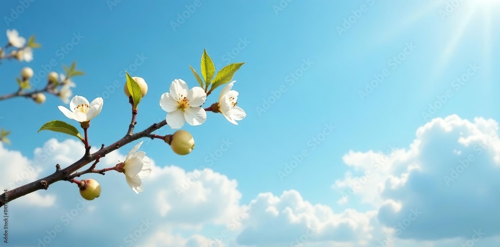 A delicate white pear branch dances across the clouds like a gentle breeze as if painted against a radiant blue sky, branch, serene landscape A delicate white pear branch dances across the clouds like a gentle breeze as if painted against a radiant blue sky, branch, serene landscape