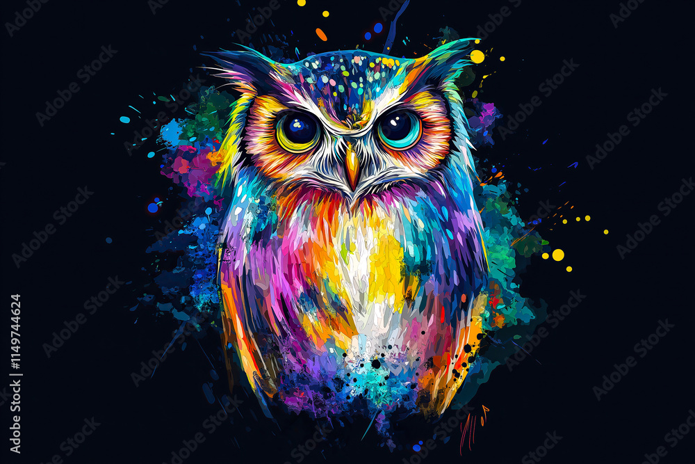 Obraz premium A vibrant watercolor painting of a colorful owl with expressive eyes. The concept of creativity, wisdom, and the beauty of nature interpreted through artistic expression. Generative AI.