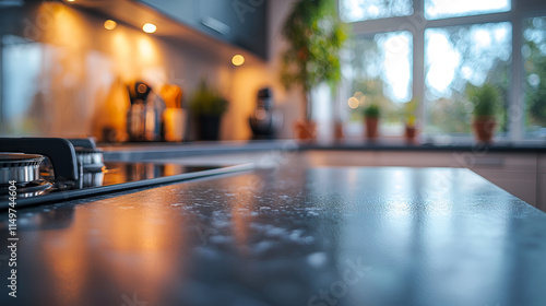 Wallpaper Mural A realistic depiction of a kitchen countertop in sharp focus, with a blurred background showcasing a woman cooking. Torontodigital.ca