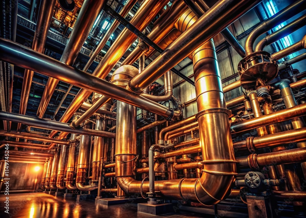 Surreal Copper Pipes in a Steampunk Boiler Room - Industrial Fantasy Stock Photo Surreal Copper Pipes in a Steampunk Boiler Room - Industrial Fantasy Stock Photo