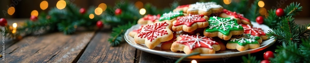 A festive garland wraps around a plate of decorated Christmas cookies with colorful icing, decorations, treats A festive garland wraps around a plate of decorated Christmas cookies with colorful icing, decorations, treats