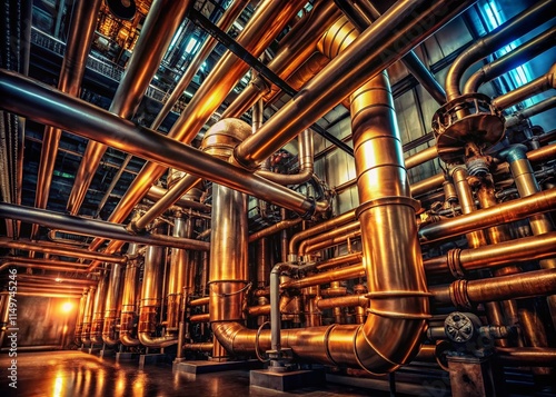 Surreal Copper Pipes in a Steampunk Boiler Room - Industrial Fantasy Stock Photo