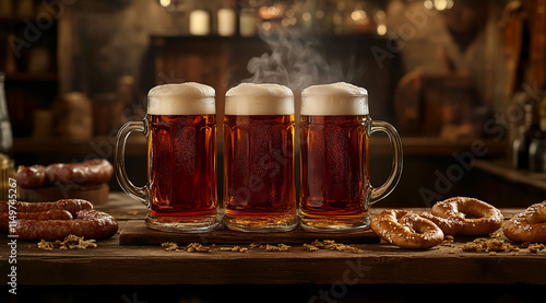 Three beer mugs with foam, on a wooden table, surrounded by sausages and pretzels. photo