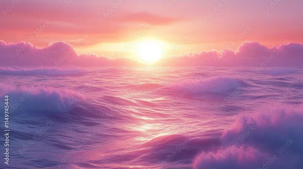 Vibrant sunset over a serene ocean with gentle waves and pink clouds. Vibrant sunset over a serene ocean with gentle waves and pink clouds.