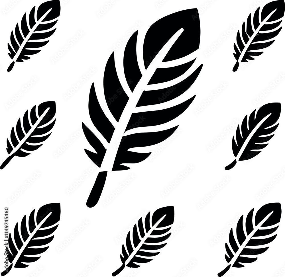 Feather icon set. Collection of black bird feather silhouettes on isolated white background. Minimalist vector art illustration. Feather icon set. Collection of black bird feather silhouettes on isolated white background. Minimalist vector art illustration.