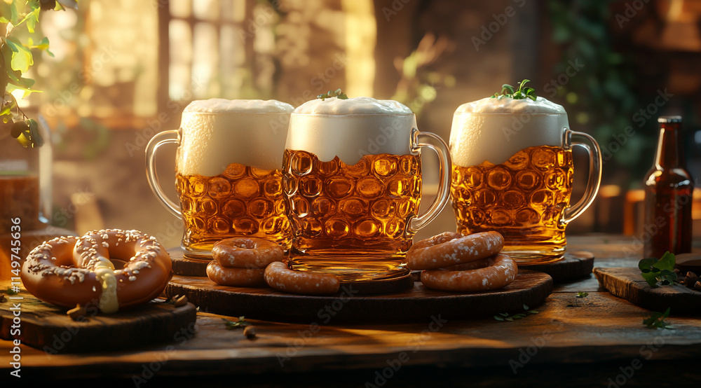 Three beer mugs with foam, on a wooden table, surrounded by sausages and pretzels. Three beer mugs with foam, on a wooden table, surrounded by sausages and pretzels.