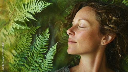 Woman with lush green fern leaves, a harmonious composition that blends natural beauty for Advertisement Banner photo