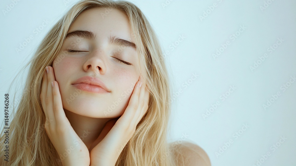Fototapeta premium A woman with blonde long hair, closed her eyes and smiling, Peaceful Woman