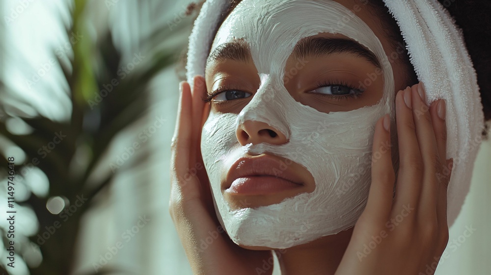 Face Mask Skincare and spa treatment relaxed woman with a white facial mask and towel while gentle hands frame her face, Face Mask Skincare and spa treatment relaxed woman with a white facial mask and towel while gentle hands frame her face,