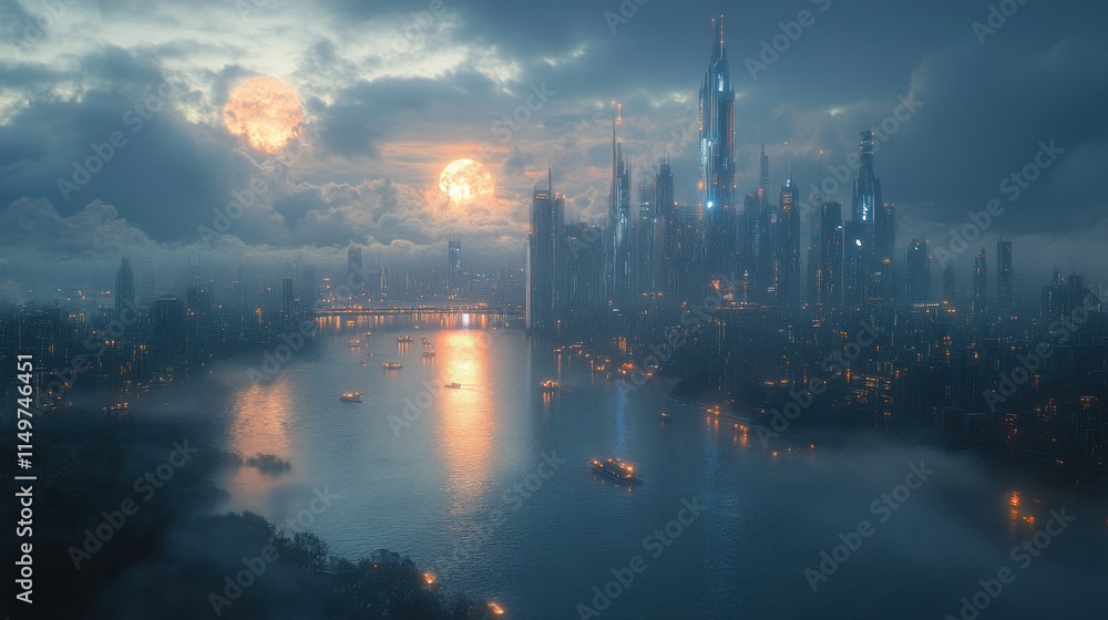 Naklejka premium Futuristic city, river, moonlit night, glowing buildings.