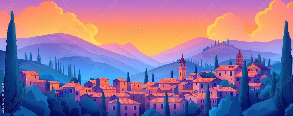 Obraz premium Charming Italian village at sunset with rolling hills and cypress trees