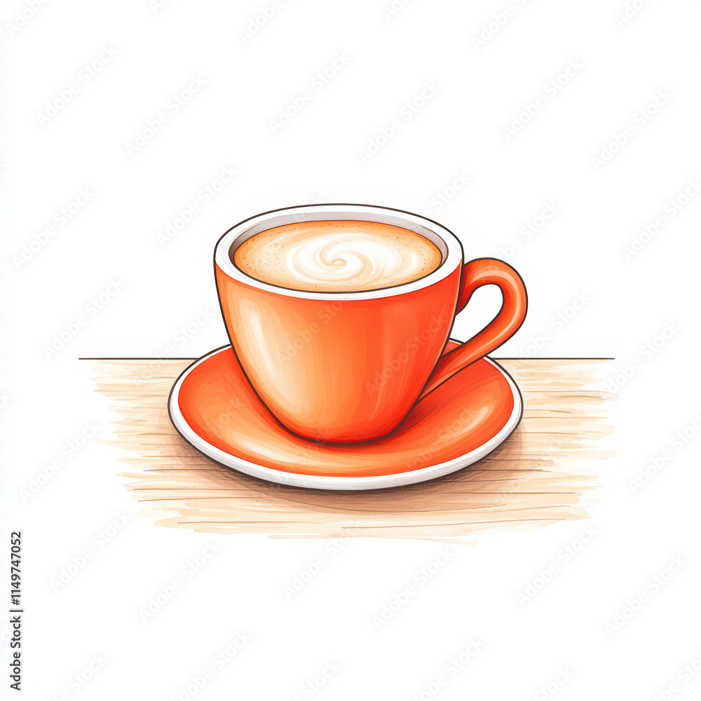 vibrant orange coffee cup with swirl of cream sits on wooden table, inviting warmth and comfort