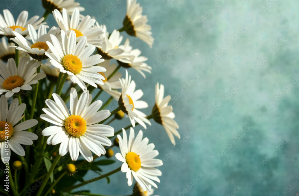 Obraz premium A lush bouquet of white daisies with a yellow center lies on a delicate white and blue background on the left with space for text. The concept of a holiday, gift, congratulations