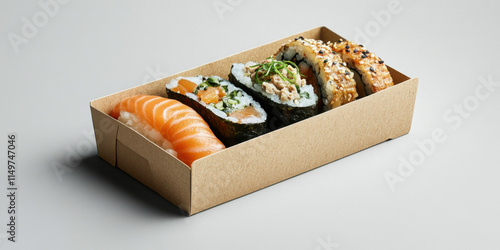 Delicious sushi assortment in a cardboard box, white background. photo