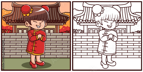 Chinese girl coloring page vector illustration