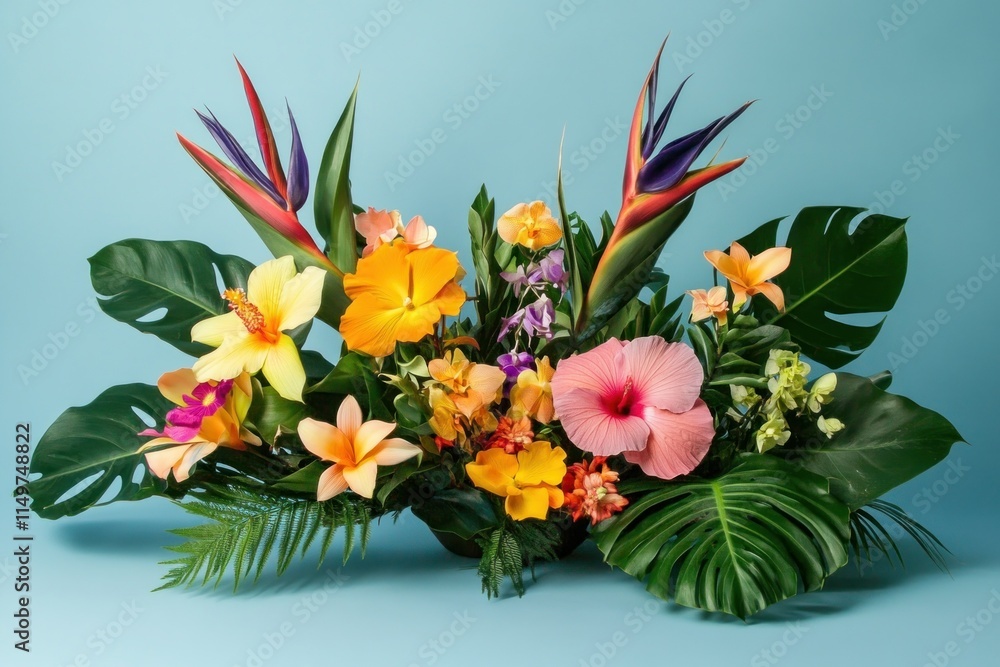 Obraz premium Vibrant Floral Arrangement Displaying Tropical Blooms with Colorful Petals, Exotic Leaves, and a Soft Blue Background Creating a Cheerful and Lively Decor Inspiration
