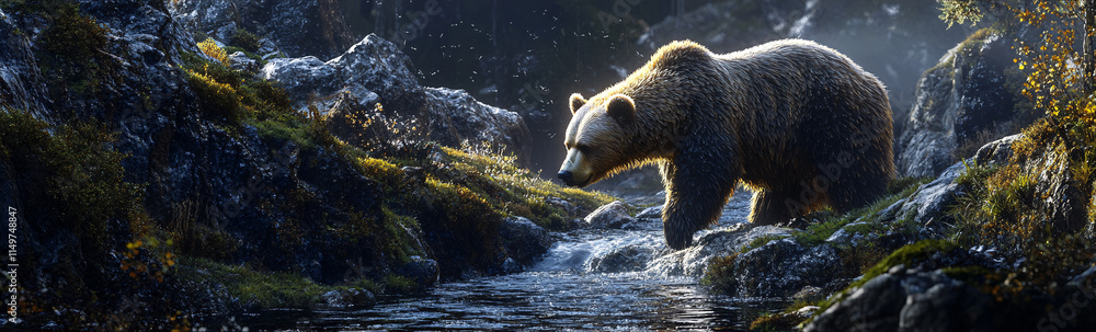 Obraz premium A bear approaching a mountain stream, surrounded by dark granite rocks covered in lichen, with evening light softly illuminating the scene. 