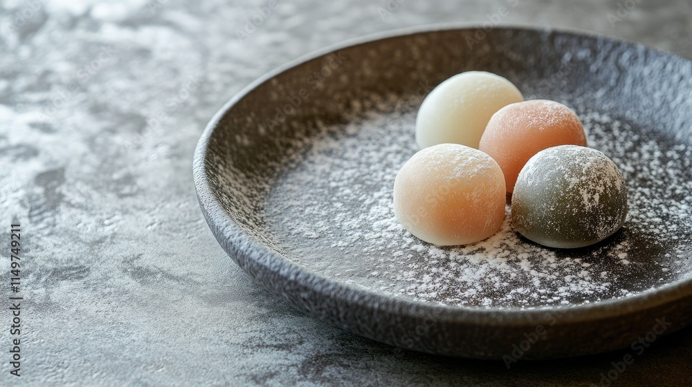Elegant arrangement of mochi on a round plate with soft textures and a gray backdrop, showcasing the traditional Japanese dessert. Elegant arrangement of mochi on a round plate with soft textures and a gray backdrop, showcasing the traditional Japanese dessert.