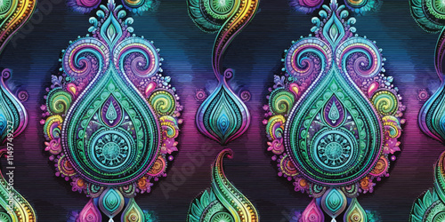 Vibrant abstract paisley design with a fusion of colors and intricate patterns.