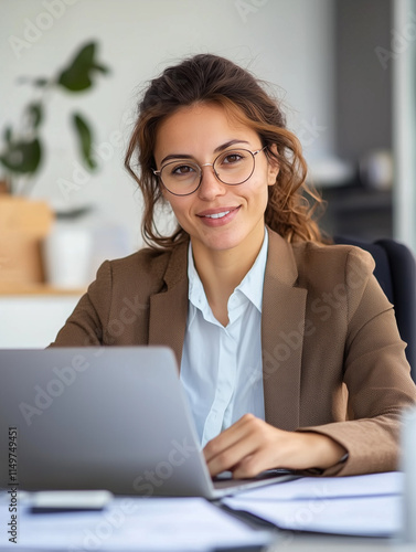 Portrait d'une travailleuse de bureau : femme en tenue professionnelle assise devant un ordinateur, assistante de direction, chef de projet, cadre administratif, juriste, RH au travail